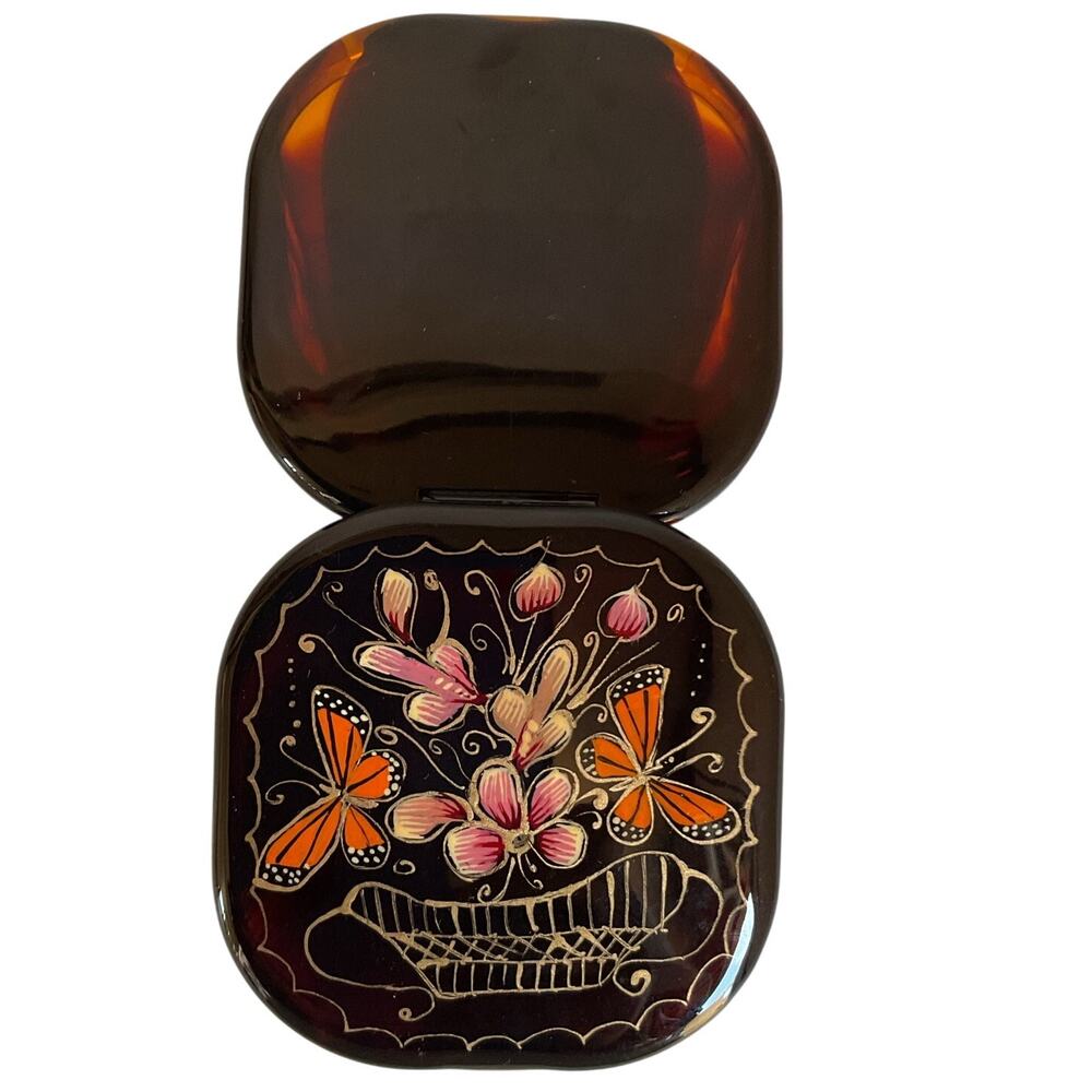 Hand-Painted Mexican Compact Mirror Monarch Butterfly Michoacán Gold Foil Art - Picture 2 of 7